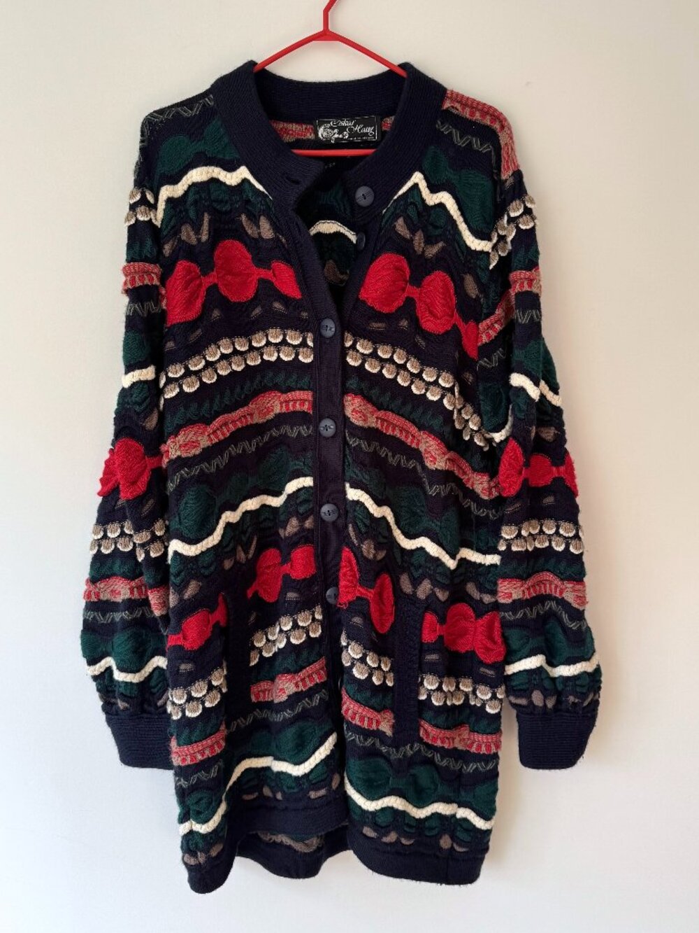 90s vintage multicolor 3D textured long chunky knit cardigan grandpa sweater XL